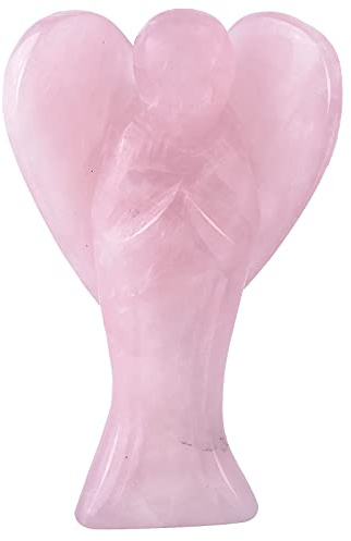 mookaitedecor 3 Zoll Rosenquarz Kristall Engel Figuren Skulptur, Hand geschnitzt Engel Statue mit Herzflügeln für Gebet Büro Haus Decor