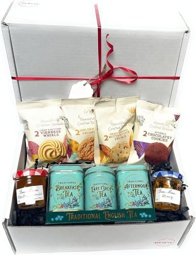 Tea Gift Set Hamper, with Buttery Biscuits, Marmalade and Honey Gifts Set, Afternoon Food Box for Tea Lovers, with Loose Mini English Tins, All Occasions