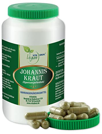 VITA IDEAL Vegan® JOHANNIS - Kraut 180 KAPSELN - Hypericum perforatum - Tagesportion 750mg JOHANNISKRAUT reines Pulver. Pflanzlich, natürlich & ohne Zusatzstoffe.