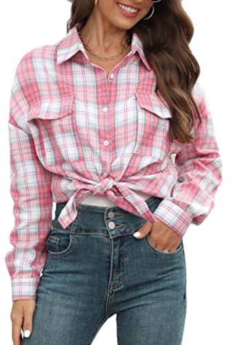 Bozanly Womens Flannel Plaid Shirts Oversized Long Sleeve Button Down Shacket Blouse Tops(0618-Pink-XL)