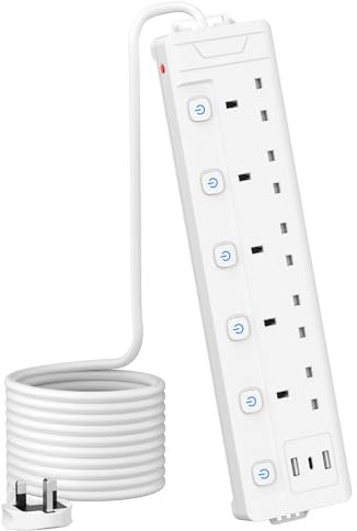3M 5 Gang Extension Lead with 3 USB Slots, Individually Switched Extension Lead with White 3 Metre, For Home Dorm Office Multi Plug