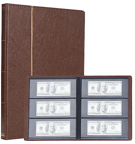 TsunNee Paper Money Collection Album 60 Pockets, Leather Cover Currency Collection Holder Book, Double-sided Paper Money Storage Album, Bill Commemorative Money Penny Holder for Collectors
