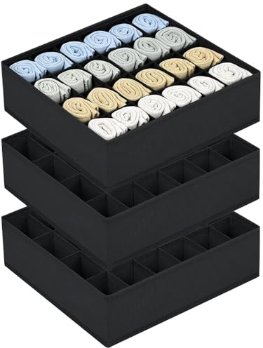 3 Stück Socken Organizer, 24 Zellen Aufbewahrungsboxen, 32×31×10cm | Socken Organizer Kleiderschrank Schwarz Kleiderschrank Organizer für Socken Krawatten Gürtel