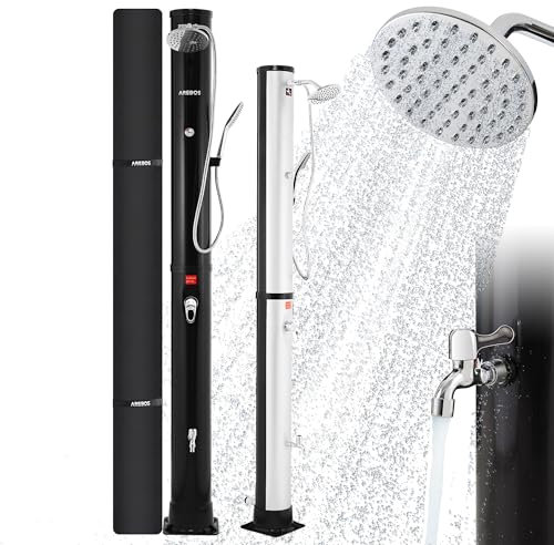 Arebos Solardusche 40 L | mit integriertem Thermometer | Handbrause | schwenkbarer Duschkopf |mit Fußdusche & Gartenschlauch-Anschluss | inkl. Montagematerial & Abdeckhaube | Schwarz