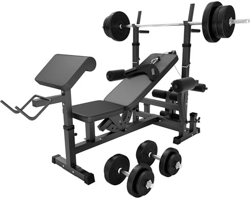 GORILLA SPORTS®Hantelbank mit Gewichten - 170 cm Hantelstange, 40/70/100 kg Hantelset, Beincurler, Butterfly, Dip-station, Curlpult - Trainingsbank, Fitnessstation, Kraftstation mit Langhantel