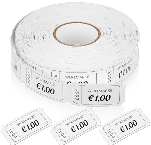 Nezyo Wertmarken Rolle 1 Euro 1-1000 Blatt Getränkemarken Rollen, Weiß | Perforierte Wertmarken, Fortlaufende Nummer, Essensmarken, Getränke Marken Abrisskarten, für Geschäfte Bar Hochzeit Party