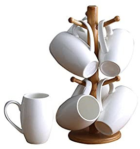 CAFIEDR 6PCS Cup Restaurant White Ceramic Tea Coffee Cup Sets with Wood Holder High Temperature Resistance-D,