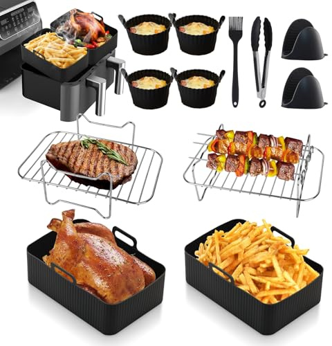 Air Fryer Accessories Updated 12pcs for Ninja Foodi AF500UK AF400UK Tower T17088 7.6L-9.5L Dual Zone Air Fryer - Including Reusable Silicone Airfryer Liner Ramekins Grill Cookbook for Home Cooking