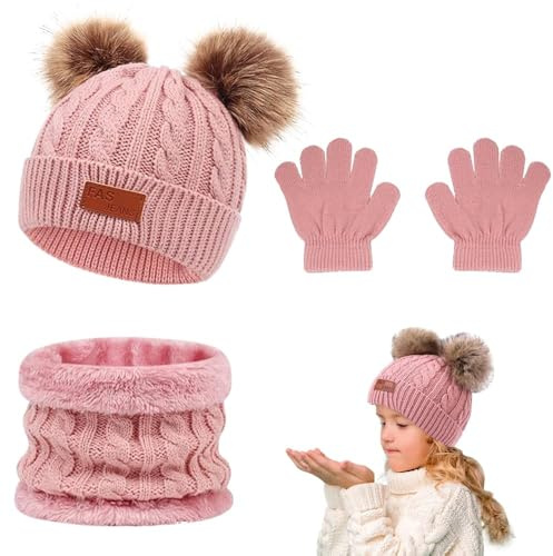Casenly 3 Stück Kinder Wintermütze Schal Handschuhe Set, Rosa Warme Winter Beanie Hut Handschuhe Schal Set, Kindermütze Strickmütze Schal Handschuhe für 1-8 Jahre Jungen Mädchen Kinder
