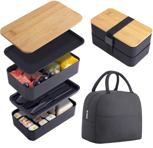 Lunch Box, Bamboo Bento Box with Compartments and Utensils Stackable Lunch Box, Includes Lunch Bag for Meal Prep Adult Lunch Container Microwavable Dishwashable black