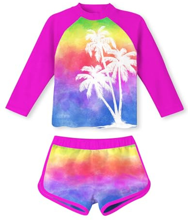 Vogseek Girls Swimsuit Palm Trees Rashguard for Girl 5t 6t Rose Red Swimwear with Shorts 5-6 Years Little Girl Rash Guard 2 Pieces Beach Suit Long Sleeve Bathing Suits for Children Colorful Coverup