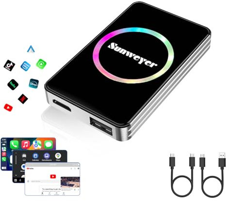 Sunweyer Wireless CarPlay Adapter Car Streaming Device Ai Box Support Netflix, YouTube, Hulu, Disney+, Android Auto Wireless Adapter with LED Ambient Light, Easy to Setup 3 in 1, Dual WiFi Bluetooth