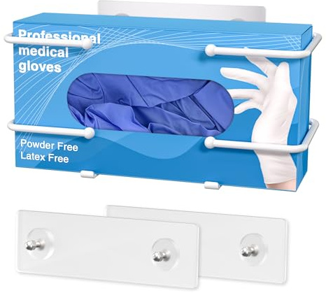 Glove Box Holder, Adhesive Wall-Mounted Metal Dispenser, Tool-Free Organizer for Rubber Latex Gloves, Facial Tissue and Storage, White