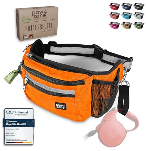 PAWZONE Leckerlitasche für Hunde als Bauchtasche mit Reflektorband | Leckerlibeutel für Hunde · Gassi Tasche Hund · Futterbeutel Hundetraining · Gürteltasche · Inkl. Zusatzgurt für Flexileine