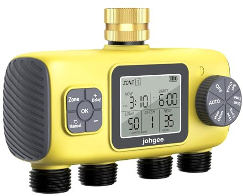 Johgee Centralina Irrigazione 4 vie, con Ingresso in Ottone, 4 Vie Timer Irrigazione Automatica Digitale Ritardo per Pioggia/Bewässerung Manuale, Programmatore Irrigazione per Prato e Giardino