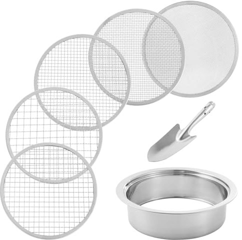 Dirt Sifter - Leichte und rostfeste, flexible Screening -Lösung | Edelstahl des Bodensiebs mit 5 austauschbaren Netzbildschirmen, Größe 8 Zoll Durchmesser, Gartenfenster -Sieb und Schaufel -Set, hilft