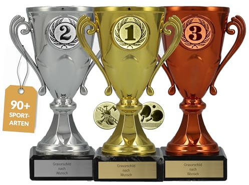 Pokal mit Gravur Wunschtext, Sportemblem nach Wahl, 15 cm | Personalisierte Auszeichnung für Fußball WM & Sport Events, inkl. Marmorsockel, Gold, Silber & Bronze