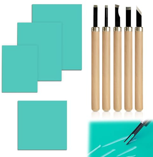 4PCS Lino Sheets, Lino Printing Kit Soft PVC Lino Block DIY Engraving Plate with 5 Engraving Knives for Engraving Stamp Crafts Printing Projects