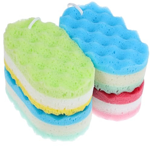 DEARMAMY 4 Esponjas de Baño Corporales de Esponja, Cuerda para Colgar, Tamaño Grande, Limpieza Eficaz para Ducha