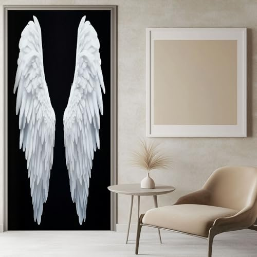3D Türaufkleber Engelsflügel weiß 80x200 cm Schwarz Türtapete Selbstklebend Türposter Türfolie, Türsticker PVC Wasserfest Wandbild Wandaufkleber für Kinder bad büro