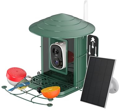 4UMOR Vogelfutterhaus mit Kamera, KI-Vogelerkennung Live-Beobachtung Automatische Aufnahme Solarbetrieb Metall Vogelfutter mit Eichhörnchensicher WLAN & Nachtsicht IP65 Wasserdicht 2K HD Video Smart