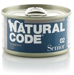 Natural Code Umido Gatto Senior gusto TONNETTO e RISO, Numero 02, alimento completo in SFILACCETTI per gatti anziani di tutte le taglie, altamente digeribile | 12 scatolette da 70 grammi l'una.