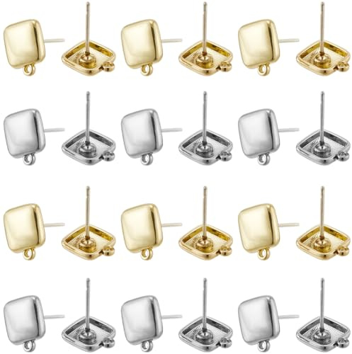 SUNNYCLUE 1 låda 32 st fyrkantiga örhängen dubbar metall örhänge stolpar guld silver legering kub formad liten post stift öra fynd set med horisontell ögla för smyckestillverkning gör-det-själv