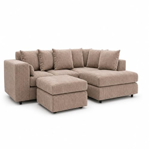 Gamzo Outlet Sofa Corner Sofa L Shape Jumbo Cord Fabric Square Settee Seater Suite Footstool (Right Hand Facing, Coffee)