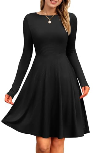 PLOKNRD Women's Long Sleeve Dress Round Neck Elegant Casual A-Line | Lightweight Ribbed Knit Jumper Dress, Versatile Stylish, Elastic Waist Autumn Dresses