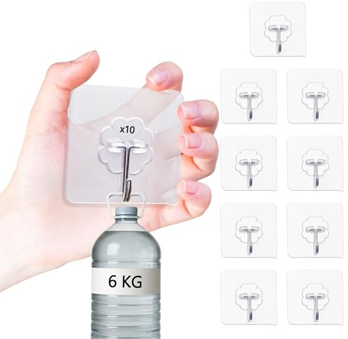 YEibi Pack 10 Ganchos Adhesivos Pequeños y Transparentes para Pared, Colgadores de Cocina y Baño Sin Taladro, Ideales para Llaves y Trapos, Discretos