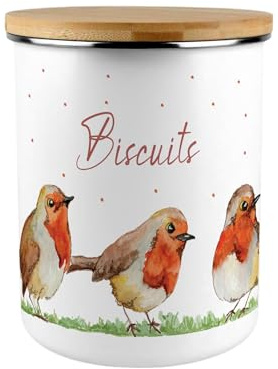 Purely Home English Robins Biscuit Canister - Large Enamel Kitchen Storage Container/Cookie Jar Gifts for Bird Lovers