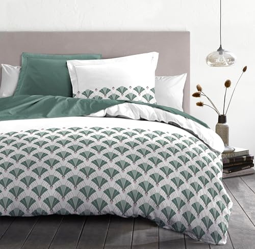HOME LINGE PASSION Le Clos des Songes Parure de Couette 200x200 cm – 3 Pièces – Percale de Coton – Housse + 2 Taies 63x63 cm – Blanc & Vert – Modèle L'Élégante
