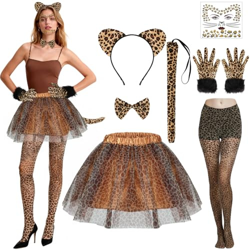 Beipegin Disfraz Leopardo Mujer Niña,Orejas Leopardo Falda Tutú Pajarita Cola Guantes Pegatinas Temporales Disfraz Gato Animal Halloween Fiesta Cosplay