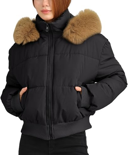 Maeau - Cappotto Corto con Cappuccio Collo in Pelliccia Rimovibile Donna Giacca Inverno Caldo M-XXL, Nero , XXL
