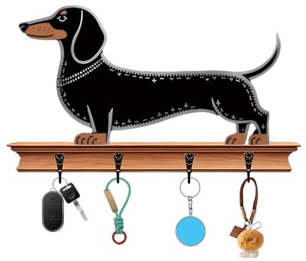 Yoljun Dackel Wandhaken, Holz Schlüsselhalter Wanddeko, Schwarz Schlüsselbrett mit 4 Haken, Schlüssel Organizer Wand Deko Geschenk für Dackelliebhaber Flur Einfahrt Wohnzimmer Hüte Aufhängen