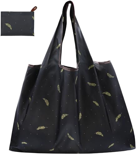 CHEESANHERR Foldable Reusable Shopping Bags, Large Folding Shopper Bag, Lightweight Tote Bag Grocery Bag, Washable Handbag Portable Pouch for Daily Use Shopping Travel, 53 X 66 cm (Black Feather)