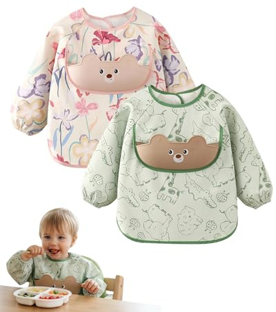 Donvuka 2 Pcs Lätzchen Baby mit Ärmeln, PU Wasserdichtes Ärmellätzchen für 6-24 Monate, Langärmeliges Babylätzchen zum Verschmutzungsschutz