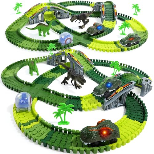 EagleStone 233PCS Dinosaur Race Track Set with Flexible Track for Kids | with 2 Light-Up Electric Dino Cars, 2 Dinosaur Figures, Christmas and Birthday Gift for Kids Ages 3-8