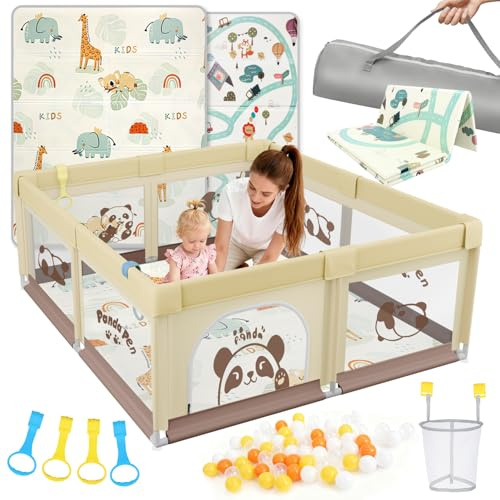 SPYLAVE Laufstall Baby 180x200cm mit Matratze, XXL Laufgitter Baby mit Rutschfestem Boden & Atmungsaktivem Netz, 210D Oxford Gewebe, Stabiler & Sicherer Babyspielplatz, Playpen, 60 Bällen, 4 Griffe