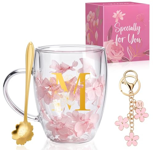 AOOTE Tazas de café de Vidrio de Flores secas,350 ML Flores Secas Tazas de Café de Vidrio de Doble Pared,Taza de Vidrio Doble Pared, Incluye una Cuchara y un Llavero,para Amigas,Mestras Madres