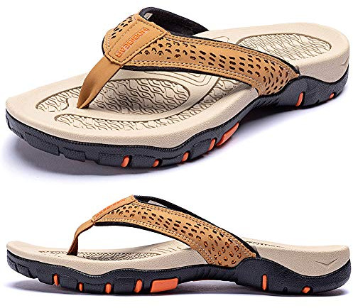 KIIU Mens Flip Flop Indoor and Outdoor Thong Sandals Beach Slippers Khaki, 11