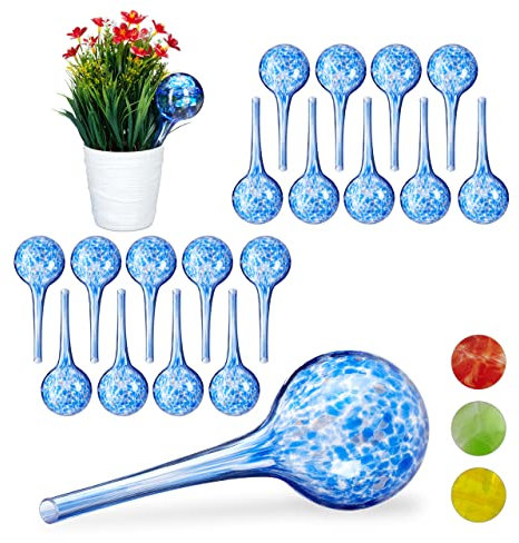 Relaxdays 20 x Bewässerungskugel im Set, dosierte Bewässerung Pflanzen u. Blumen, Gießhilfe Büro, Urlaub, Ø 6 cm, Glas, blau