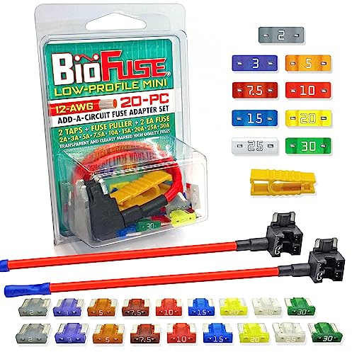 BioFuse 12 AWG Low Profile Mini ATT 20 Piece Automotive Car Fuse Assortment and Holders Set (2 Add-a-Circuit Tap Adapters, 18 LP-Mini Blade Fuses + Fuse Puller) 2A 3A 5A 7.5A 10A 15A 20A 25A 30A