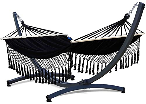 Potenza Outdoor Hängematte mit Verzinkter Tytan Gestell für 2 Personen I Stabhängematte XXL 220x160, 200kg I Hängemattengestell 350 kg Wetterfest (Santia-Schwarz, Basic Gestell Graphit)