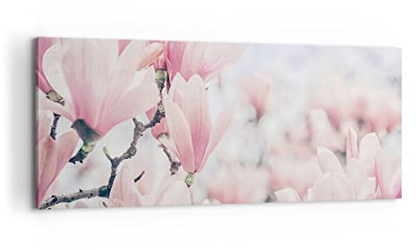 ARTTOR Leinwandbild 100x40cm Wandbild Botanik Blumen - 4396 | Magnolie Rosa Panorama Groß Wanddekoration Wohnzimmer Schlafzimmer Küche Wanddeko Wand Kunstdruck Wandkunst Wall Decor ARTTOR