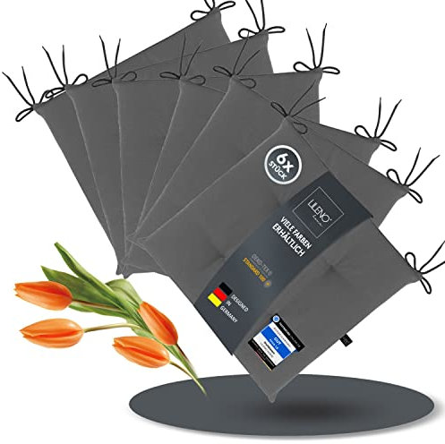 LILENO HOME 6er Set Stuhlkissen Dunkelgrau (40x40x4,5 cm) - Sitzkissen für Gartenstuhl, Küche oder Esszimmerstuhl - UV-beständige Indoor u. Outdoor Stuhlauflage als Stuhl Kissen (Laura FUM)