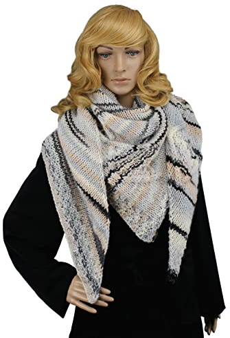 H.E.Arts Dreiecks-Schal beige grau hand-gestrickt Damen leicht asymmetrisches Dreieckstuch