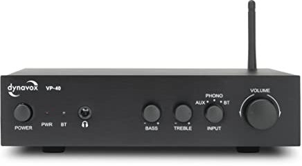Dynavox VP-40 Stereo-Verstärker, kompakter HiFi-Verstärker mit Phono-Eingang für Plattenspieler, BT-Streaming, Bass-und Höhenregelung, Kopfhöreranschluss, schwarz