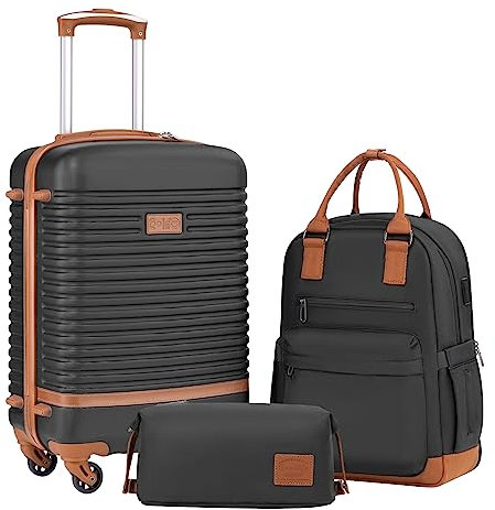 COOLIFE Koffer Trolley Koffer Reisekoffer von ABS Hartschalen Trolley 4 Rollen TSA-Schloss Der Koffer Enthält 1 Reiserucksack und 1 Kulturbeutel (Schwarz/Braun, Handgepäck-Set 3tlg)