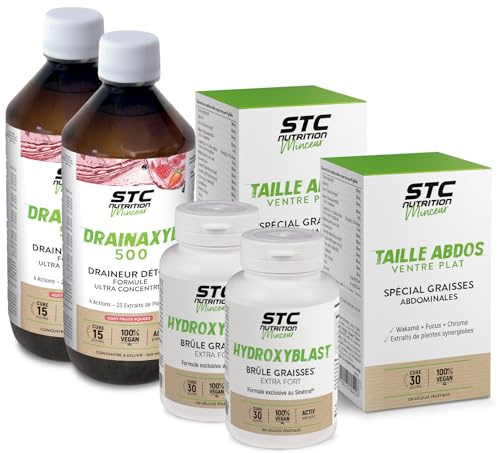 STC NUTRITION - Pack perte de poids accélérée - Hydroxyblast + Drainaxyl Fruits rouges + Taille Abdos Ventre Plat - Programme minceur intensif 10 Jours - Brûleur de graisses, Drainant & Capteur